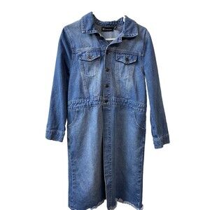 New York and Company Womens Small Denim Raw Hem Jean Coat 3/4 Sleeve Duster